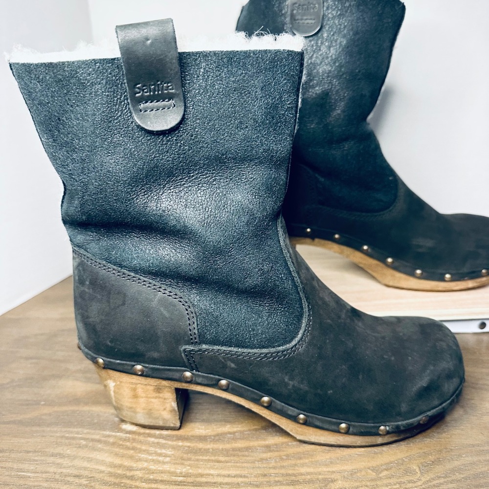 Sanita Black Leather Shearling Lined Wooden Clog Boots Studded Mid Calf Size 6.5